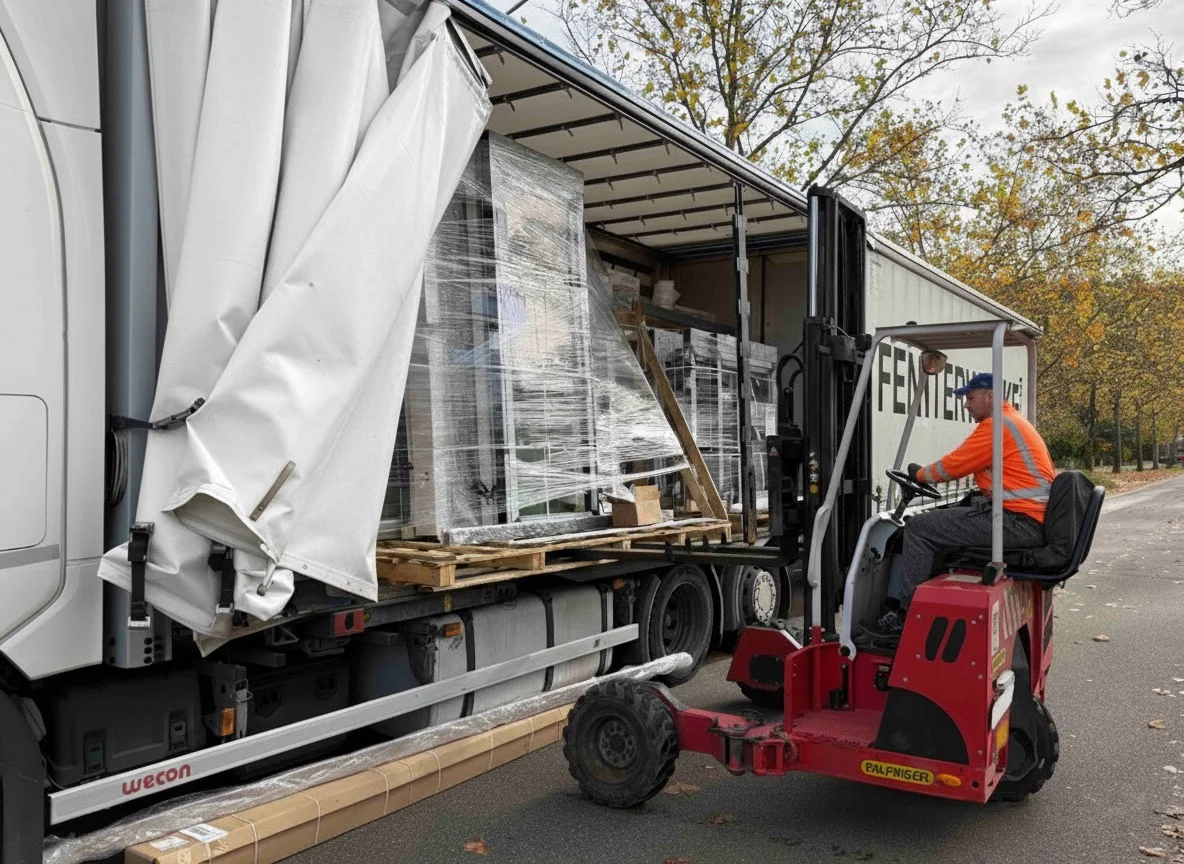 Fenster werden professionell aus dem LKW geladen - Baustelle Anlieferung