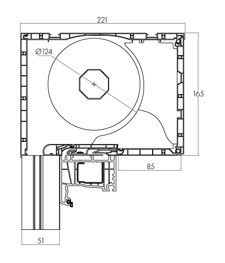 Rollladenkasten in der Größe 165 x 220 mm, erhältlich für die Durchmesser 40, 50 oder 60 cm.