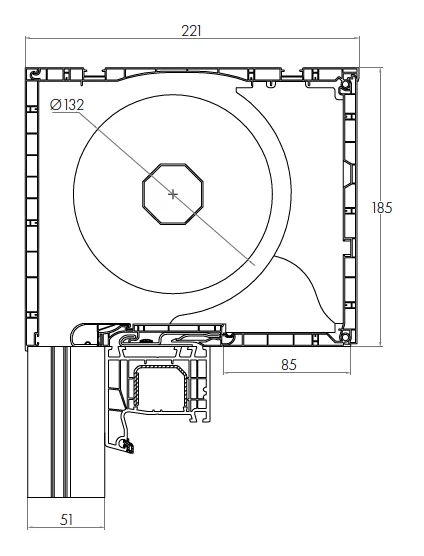 Rollladenkasten in der Größe 185 x 220 mm, erhältlich für die Durchmesser 40, 50 oder 60 cm.