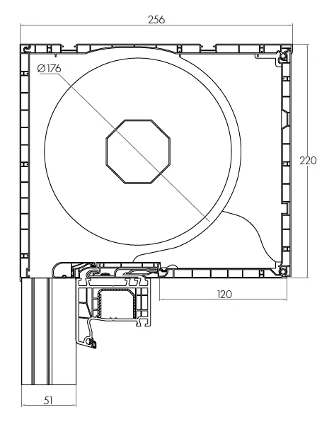 Rollladenkasten in der Größe 220 x 255 mm, erhältlich für die Durchmesser 40, 50 oder 60 cm.