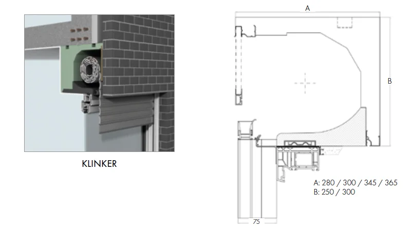 Rollladenkasten für Klinker, erhältlich in den Größen von 250 x 280 mm bis 300 x 365 mm.
