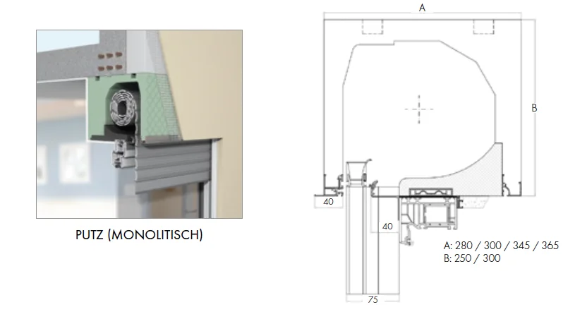Rollladenkasten für Putz, erhältlich in den Größen von 250 x 280 mm bis 300 x 365 mm.